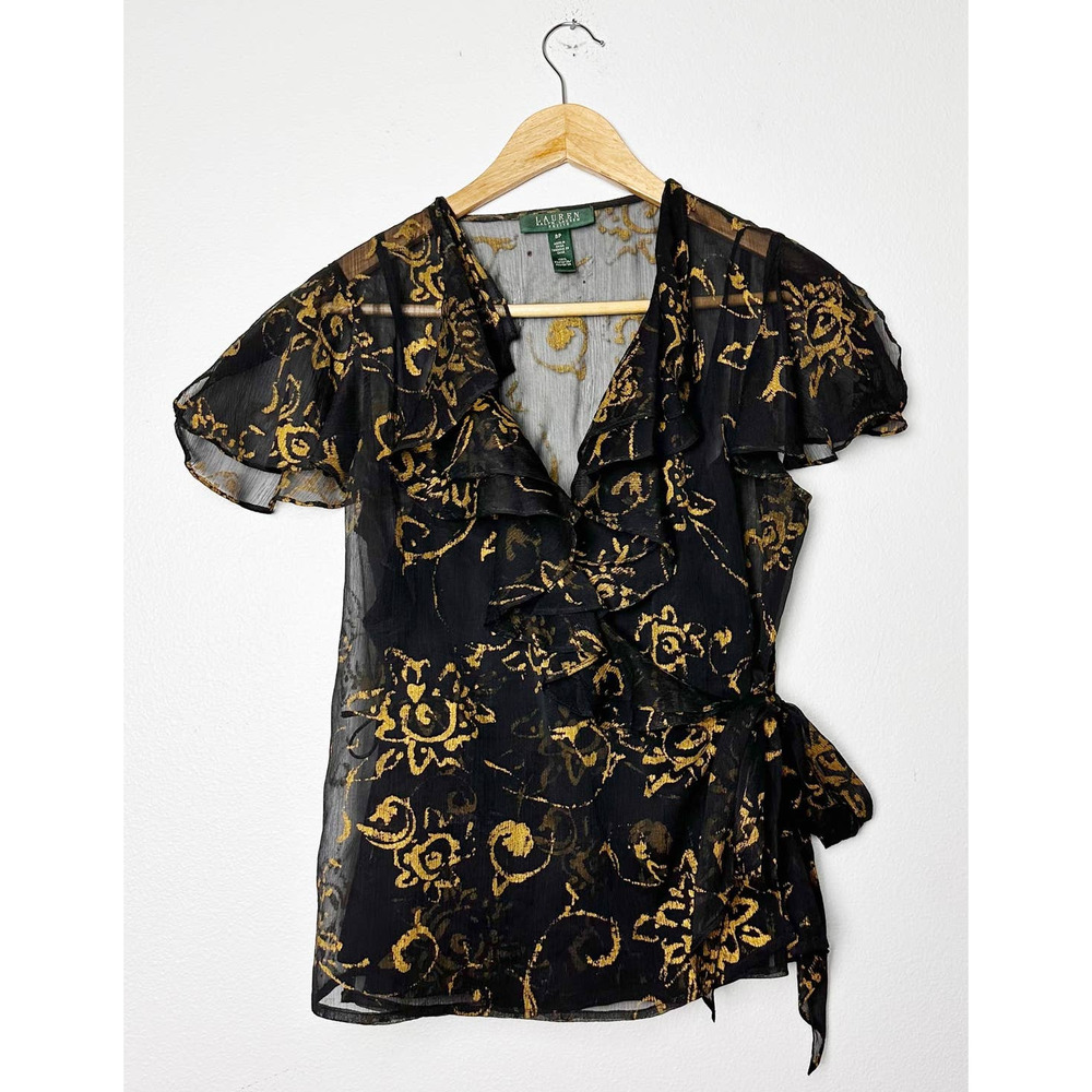 Lauren Ralph Lauren Black Gold Sheer Wrap Blouse w/ Tank sz 8P